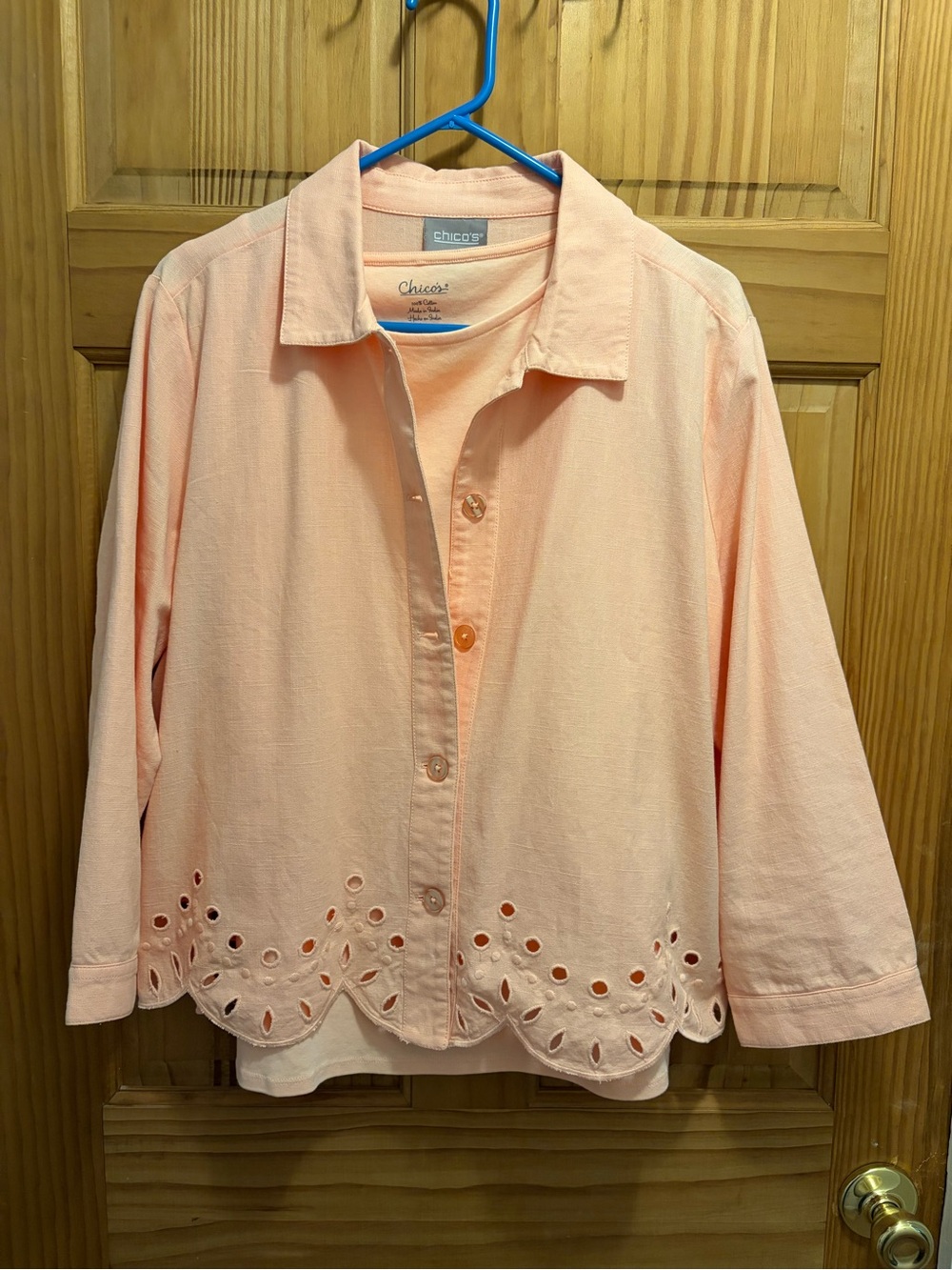 Chico's Light Peach Eyelet-Hem Button Down Shirt with Tank